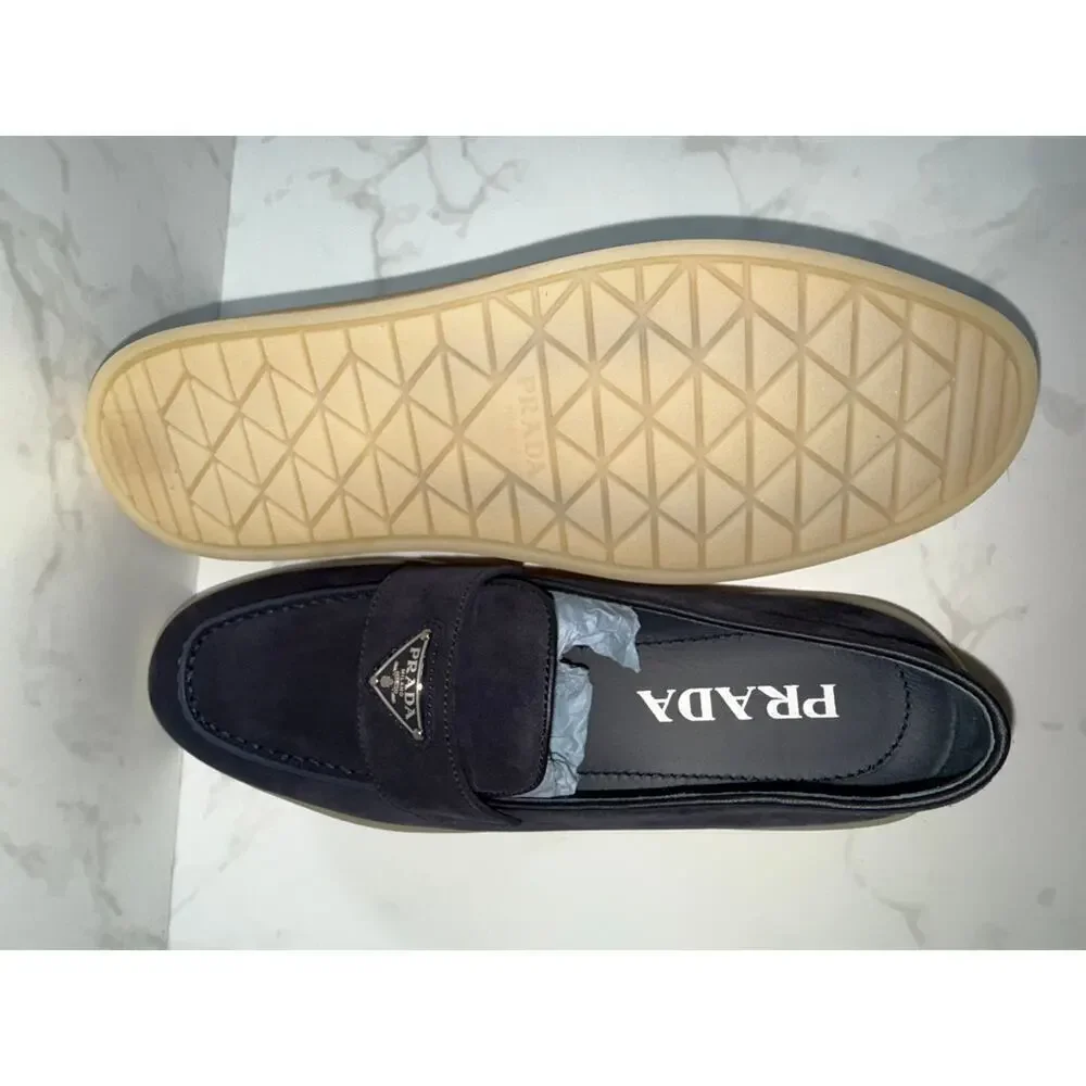 Prada Triangle Logo Suede Loafers Navy Blue 37.5